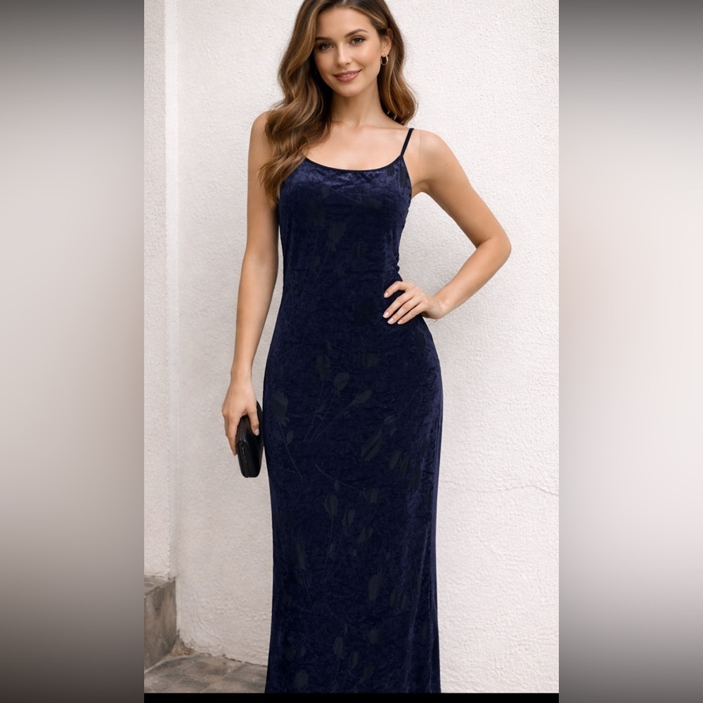 Vintage Byer Too! Navy Velvet Maxi Dress – Size Medium